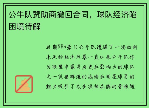 公牛队赞助商撤回合同,球队经济陷困境待解